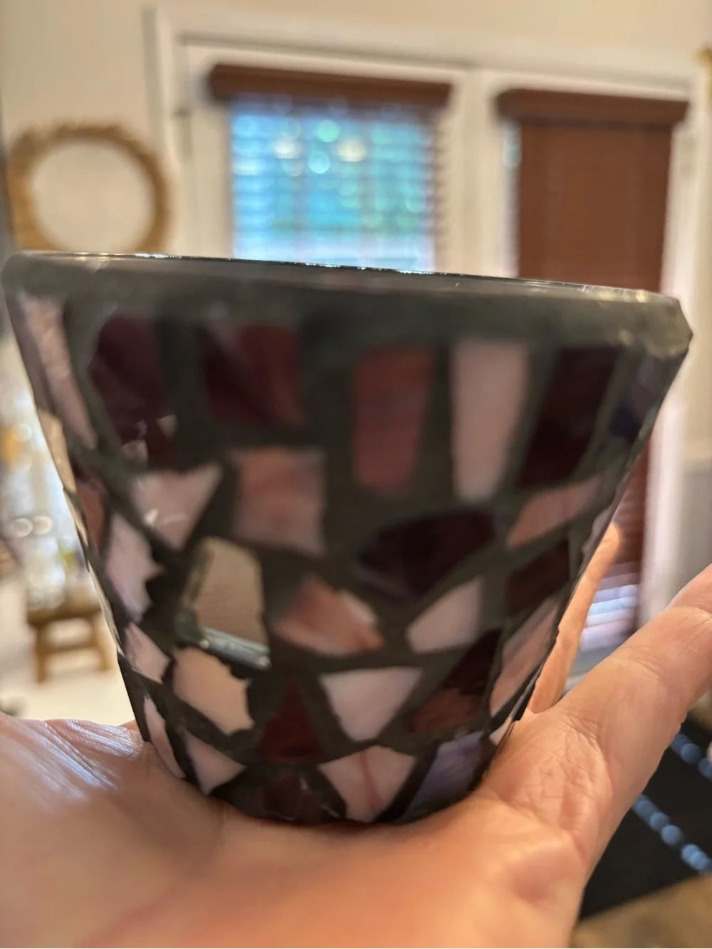 Vintage Mosaic Glass Hurricane Candle Holder Set Home Interiors Purple & Pink